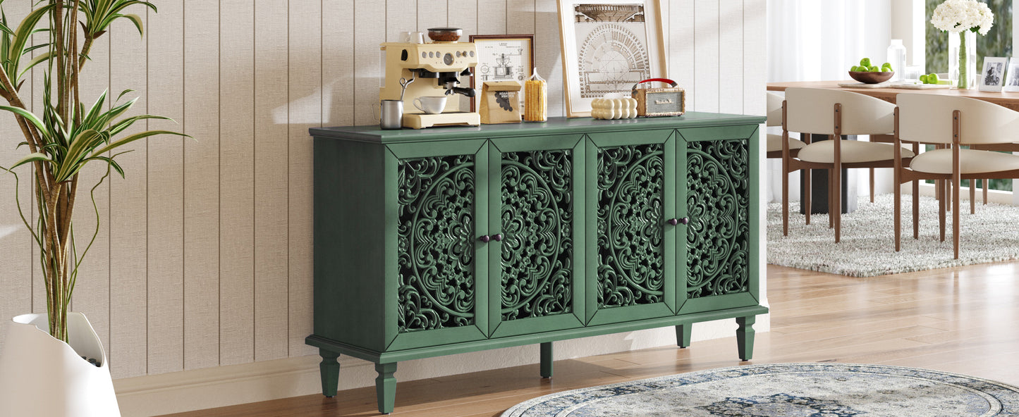 60" Antique Buffet Cabinet with Floral Carvings & Brass Handles - Antique Green