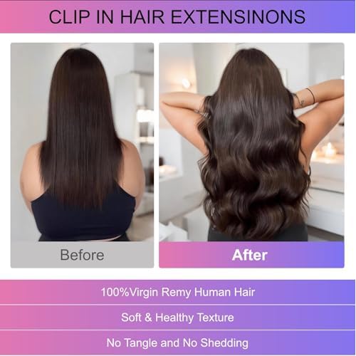 Dark Brown Clip in Hair Extensions, 24 Inch 120g, 2 Dark Brown Hair Extensions Real Human Hair, Invisible Seamless Remy Human Hair Clip Extensions for Women 8pcs Per Set with Double Weft