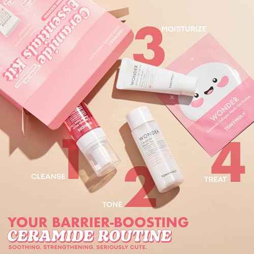 TONYMOLY Wonder Ceramide Mochi Essentials 4-Piece Skincare Set ? Travel Toner, Cleanser, Cream & Eye Patches, Hydrating Korean Skincare Kit