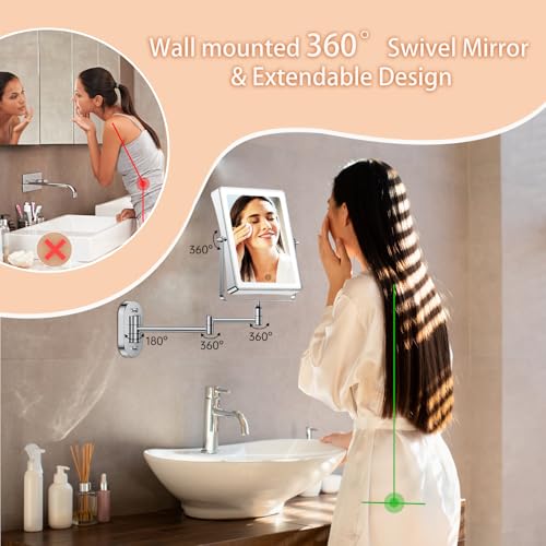 FASCINATE 5000mAh Rechargeable Wall Mounted Makeup Mirror, 8.7" Double Sided Touch Switch 1X/30X Rectangle Wall Mounted Magnifying Mirror with Light, 3 Color Setting, Extended Arm 360¡Æ Swivel Foldable