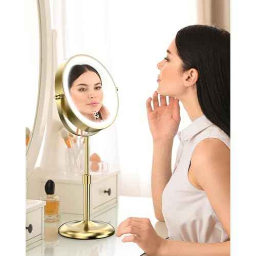 Benbilry Lighted Makeup Mirror with 3 Color Lights & 10X Magnification, Adjustable Brightness & Height, 7 Inch 360¡Æ Swivel Rechargeable 10X LED Magnifying Vanity Mirror with Light, Gold
