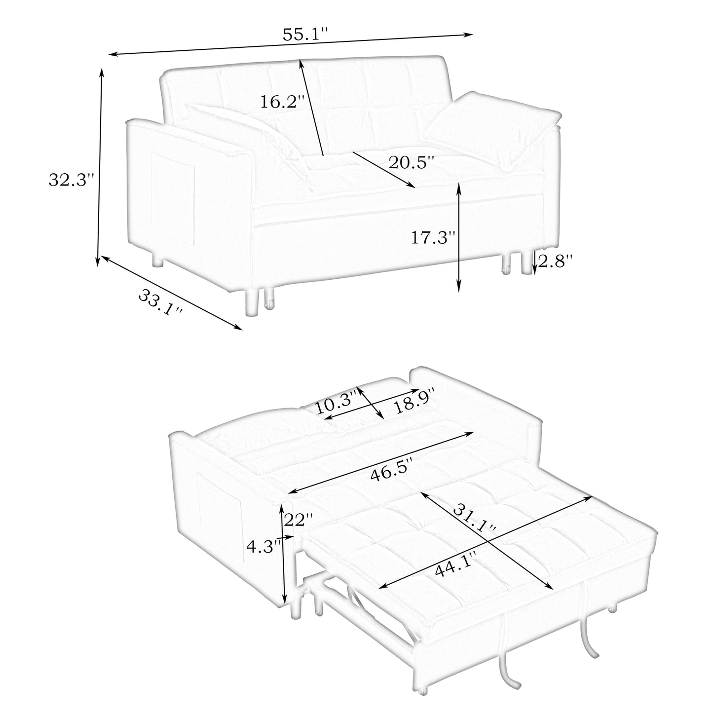 Convertible Velvet Sofa Bed - Small Love Seat with Pillow - Pink