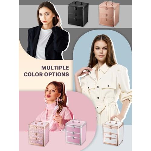 Qislee Makeup Box with Double Drawers and A Detachable Lighted Mirror, Waterproof Travel Train Case, Cosmetic Organizer and Makeup Suitcase with Adjustable Dividers, Magnetic LED Mirror (Black)