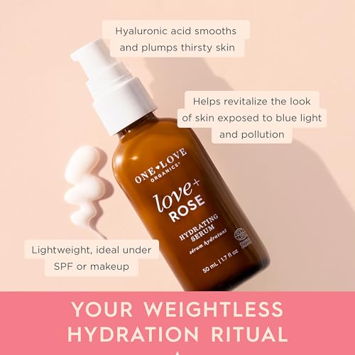 One Love Organics Love + Rose Hydrating Serum ? Hyaluronic Acid Moisturizer for Dehydrated Skin, Certified Organic & Cruelty Free 50ml
