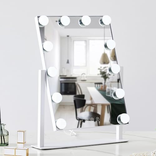 HIEEY Hollywood Makeup Mirror with 12 Dimmable Bulbs Lights, Three Color Lighting Modes, with 4in 20X Magnification Mirror, Smart Touch Control, 360¡ÆRotation (White,Gift Box)