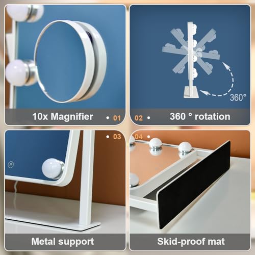 Hollywood Vanity Mirror with Lights,Tabletop Makeup Mirror with 9 LED Lights Smart Touch Control 3 Colors Light 360¡ÆRotation Detachable 10X Magnification