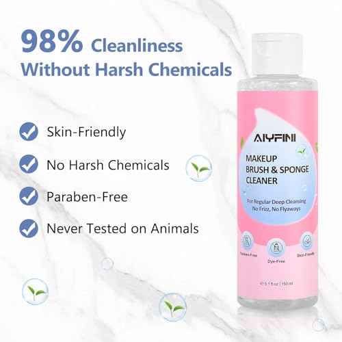 Alyfini Makeup Brush & Sponge Shampoo, Ultra Concentrated, Deep Clean Foundation/Lipstick, Professional Cleanser Solution, Efficient Dissolves Residue on Make Up Brushes/Sponges/Puff, 5.1 Fl Oz/150ml