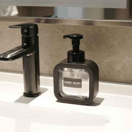 Foaming Soap Dispenser, 300ml (10oz) Plastic Refillable Foaming Hand Soap Dispenser with 8 Pcs Waterproof Labels, Foam Pump Bottle for Bathroom and Kitchen (Black)