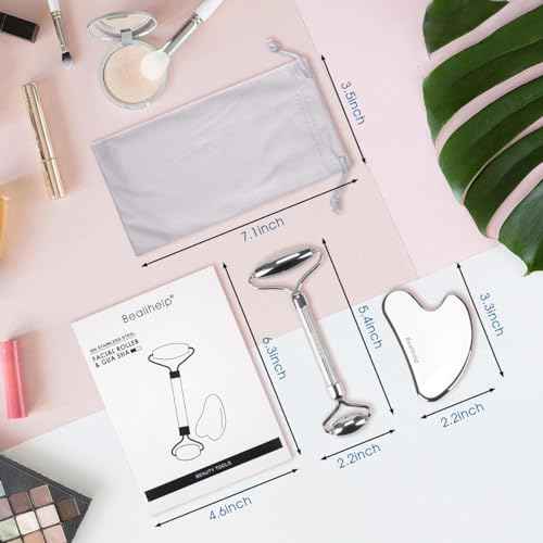 Face Roller and Gua Sha, Stainless Steel Facial Roller and Guasha Tool for Face, Skin Care Roller for Wrinkles and Lifting, Improve Puffiness, Metal Face Massager for Eyes, Neck Tighten