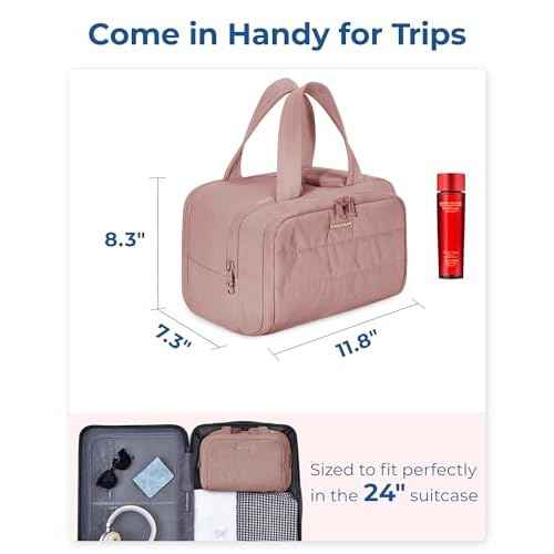 BAGSMART Travel Toiletry Bag, Lightweight Large Wide-open Travel Bag for Women, Puffy Cosmetic Makeup Bag Organizer with Handle for Accessories,Essentials, Toiletries, Dark Pink