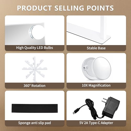 Vanity Makeup Mirror with Lights,3 Color Lighting Modes Detachable 10X Magnification Mirror Touch Control,360¡ÆRotation, White (14.6Inch)