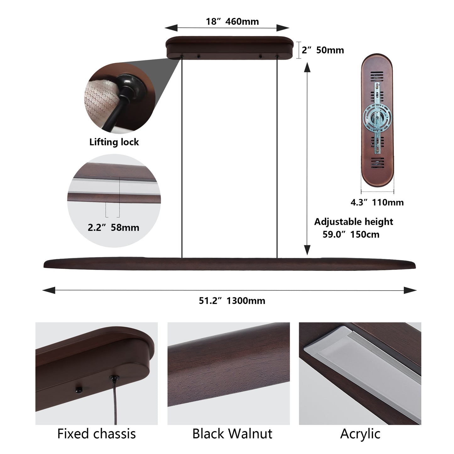 51-Inch LED Pendant Light with Remote Control - Walnut Finish