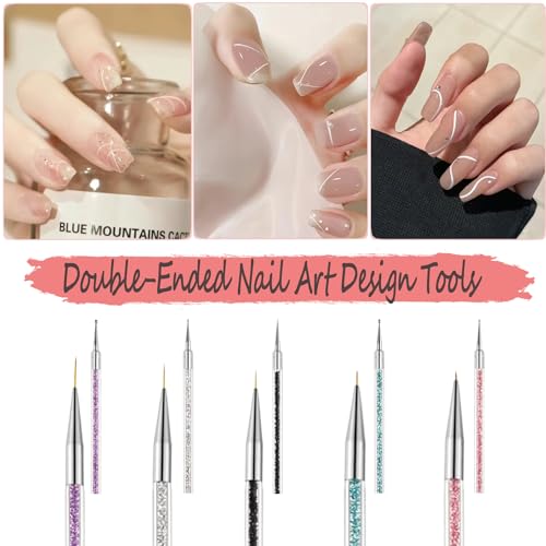 AIBEE Nail Art Brushes, 5pcs Double-Ended Acrylic Nail Brush Set with 5/7/10/12/15mm Nail Liner Brushes and Dotting Pens for French Nails