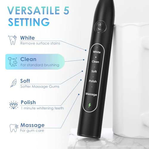 SunnyNest Electric Toothbrush for Adults with 8 Replacement Brush Heads, Travel Bag, 5 Cleaning Modes, IPX7 Waterproof, Rechargeable, Smart Timer, Black Whitening Power Toothbrush Set