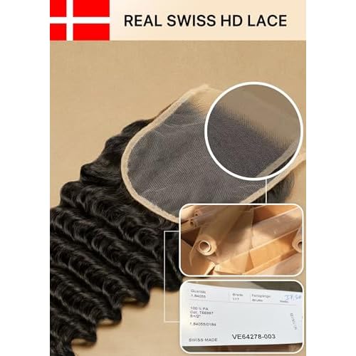 Triippy Raw Hair 5x5 HD Lace Closure Deep Wave More Less Shedding than Regular Virgin Hair,0.10mm Ultra-Thin 5x5 Swiss Real HD Lace with 100% Cambodian Raw Human Hair (14 Inch)