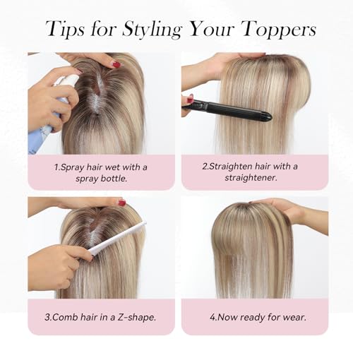 EMMOR 10 Inch Real Human Hair Topper for Women - Upgrade Swiss Lace Base with 3 Non-Slip Clips, 4.5" x 3" Clip in Bangs for Thinning Hair & Natural Hair Loss Coverage(Ombre Blonde & Brown Highlight)