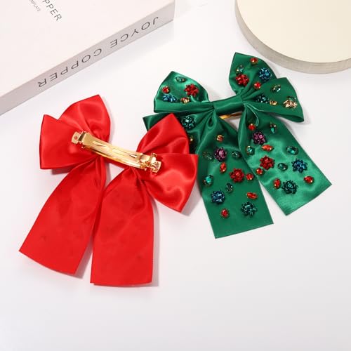 2PCS Christmas Hair Bow Clips for Women Christmas Accessories Xmas Bow Tree Reindeer Snowflake Hair Bows Silky Satin Red Green Bows Holiday Hair Ribbons Christmas Outfits Holiday Gifts
