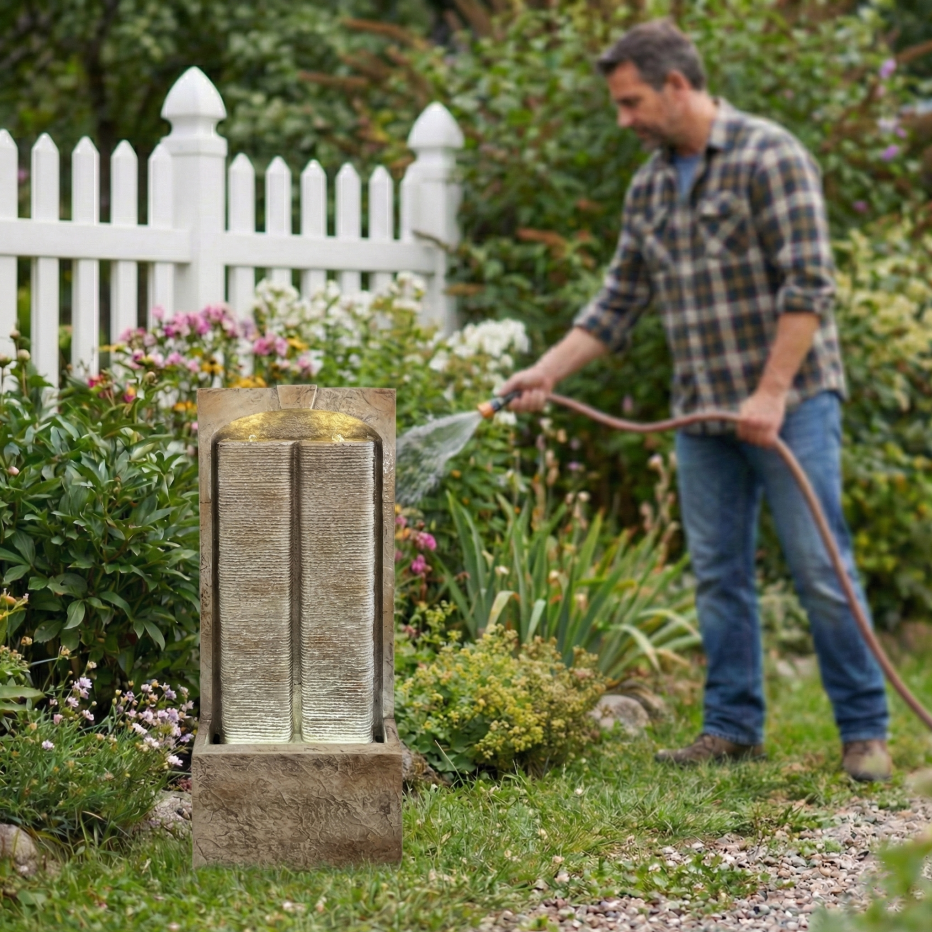 39 Inch Outdoor Water Fountain with Pump, Modern Cascading Garden Water Feature with LED Lights