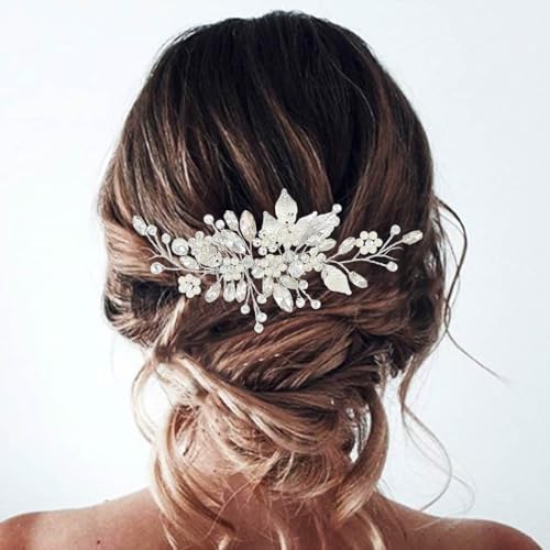 Gorais Leaf Bride Wedding Hair Comb Pearl Bridal Hair Piece Crystal Side Comb Hair Accessories for Women and Girls