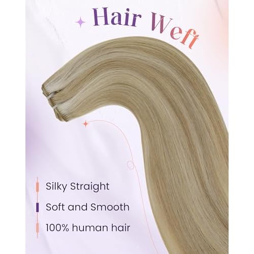 LaaVoo Weft Hair Extensions Human Hair 20 Inch Sew in Hair Extensions Gloden Brown Highlights Light Blonde Hair Human Hair Weft Extensions Long Straight 100g