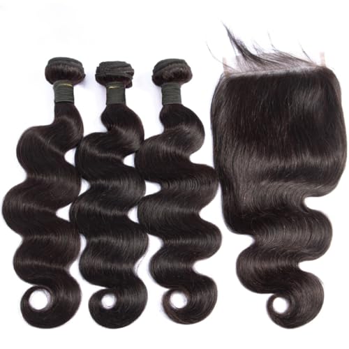 Bundles with Closure Human Hair Body Wave Bundles Human Hair with 4x4 Lace Closure 100% Unprocessed Virgin Hair Extensions Natural Color (14" 14" 14" + 10" Closure)