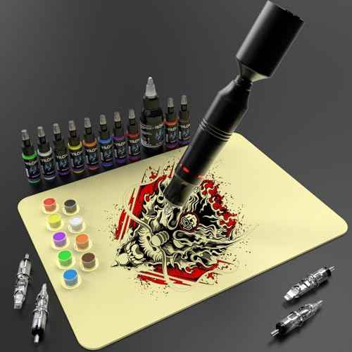 Wireless Tattoo Kit Rotary Tattoo Gun Complete Tattoo Machine Pen Kit with 1200mAh Power Supply and 10Pcs Cartridge Needles 10 Colors Tattoo Color Ink Set Tattoo Supplies, Black