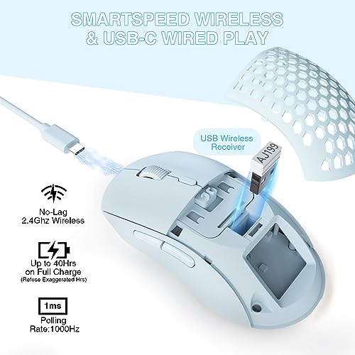 AJAZZ AJ199 Wireless Gaming Mouse,59G Ultra Lightwieght-Huanuo Micro Switch-26K PAW3395 Sensor-40Hrs Battery Life-2.4G/USB-C Mouse Gaming -Wireless Computer Mouse 6 Programmable Buttons,100% PTFE Feet