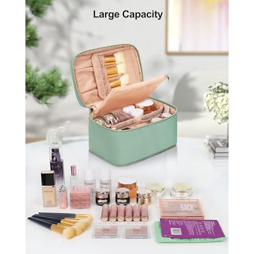 MONSTINA Makeup Bag with Detachable Small Gadget Bag,Large Capacity Portable Cosmetic Organizer,Waterproof Travel Toiletry Bag with Divider for Lipstick,Gifts for Girls and Women,Green Large