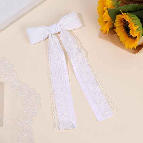 VOBOBE 2PCS Hair Bows for Women Girls, White Coquette Lace Bow Clips Silky Satin Hair Ribbons with Long Tail Hair Accessories for Wedding Birthday (White)