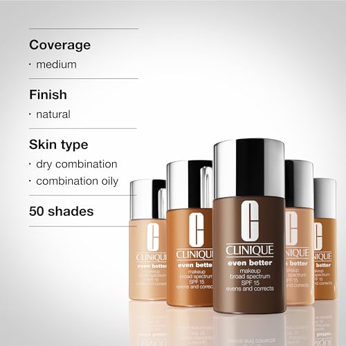 Clinique Even Better Makeup Liquid Foundation SPF 15 With Vitamin C For Dry + Oily Combination Skin Types | Medium Coverage + Natural Finish | Evens Skin Tone + Reduces Dark Spots