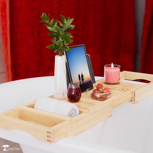 ToiletTree Products Bamboo Bathtub Caddy with Extending Sides and Adjustable Book Holder (Deluxe)