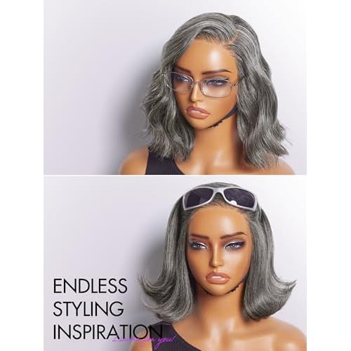 LUVME HAIR 12'' Grey Salt & Pepper Bob Wig Blunt Cut Bob Wig Pre Cut Glueless Wigs Glueless Lace Front 12 Inches Bob, Pre Cut Plucked Hd Lace Short Wig Ready To Go Natural Color Straight Side Part