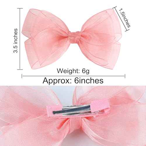 Large Big 6 Inch Organza Double Hair Bow Clip Party Alligator Mesh Hair Accessories for Women Teens Girls Kids 2 Pcs (Pink)