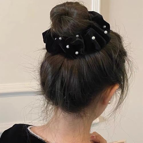 6 Pcs Pearl Velvet Elastic Hair Ties Black Ponytail Holders Pearl Rubber Band Hair Ropes Headbands Hair Accessories Scrunchie Ropes for Women Girls