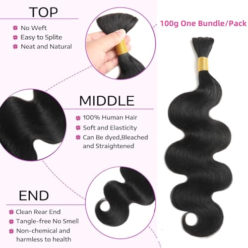 Human Braiding Hair 1 Bundle 100g Body Wave Bulk Human Hair for Braiding No Weft 12A Brazilian Virgin Curly Human Hair Extensions for Boho Braids 100% Remy Human Hair Extensions (24 Inch)