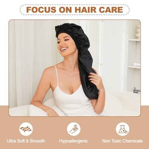 Long Satin Bonnet for Sleeping, Satin Lined Braid Bonnet with Elastic Band, Adjustable Long Strap Bonnets for Women Braids Dreadlock Curly Hair(Black)