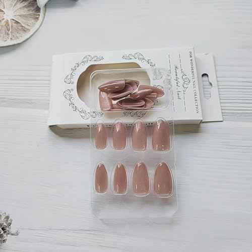 24 Pcs Cat's Eye Press on Nails Short Almond - YEFIUO Rose Pink Nail Tips Acrylic Nail Kit Short Nail Art Cute Fake Nails Press ons French Tip Glue on Nails Full Cover Glitter False Nails for Women