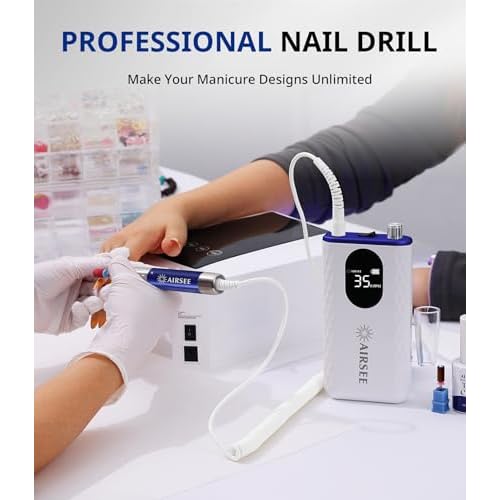 AIRSEE 35000 RPM Professional Electric Rechargeable Nail Drill File Machine for Acrylic Extension Gel Dip Powder Powerful Cordless Portable Efile 56 Sanding Bands 7 Bits LCD Scrn Salon Manicure Use G7