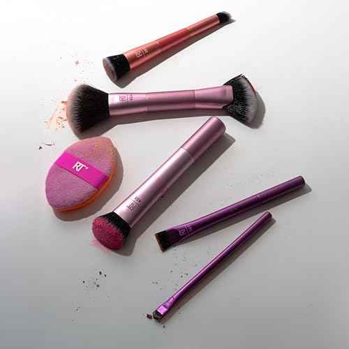 Real Techniques Big Blends Energy Brush + Dual-Sided Puff Kit, 6 Piece Face Makeup Brush & Puff Set for Foundation, Concealer, Powder & Blush, Travel Friendly, Cruelty-Free & Vegan