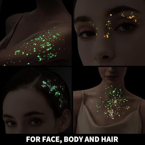 Teenitor 6 Colors Glow in The Dark Glitter Gel, Face Glitter Gel, Body Glitter Hair Glitter for Halloween Makeup UV Black Light Party Cheer Raves Festivals