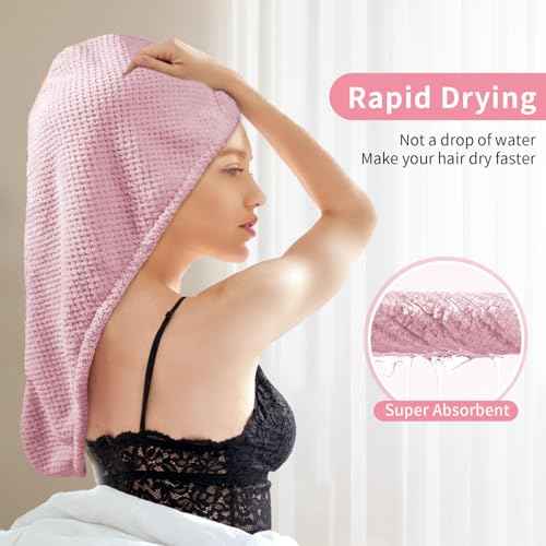 3 Pack Hair Towel Wrap for Women, 25.4" x 9.8" Microfiber Towels, Super Absorbent Quick Dry with Button for Curly Hair Anti Frizz (Pink,White,Purple)