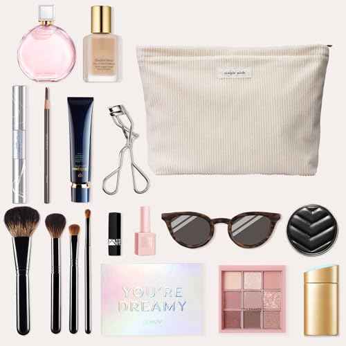 Wudygirl Travel Makeup Bag,Large Capacity Cosmetic Bag for Women,Corduroy Toiletry bag Handbags Purses Zipper pouch(Beige)
