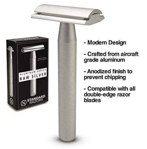 Standard Razors Aluminum Double Edge Safety Razor - Raw Silver | Three Piece Double Edge Safety Razor