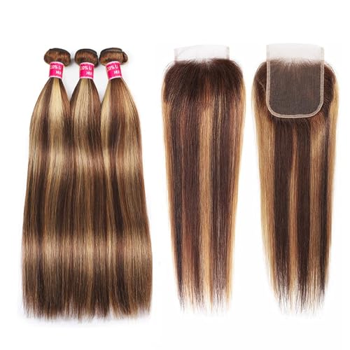 Highlight Ombre Human Hair Bundles with Closure 10A Highlight Brown Blonde 3 Bundle with 4X4 Closure Free Part (12 14 16+12Inch) Soft Straight Honey Brown Bundles Human Hair