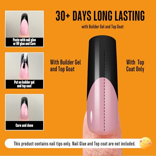 NOVO OVO Halloween Black XXL Curved Square French Tip Nail Tips Press on BERRY PINK, Full Cover Extra Thick Long XL Acrylic Hawk Curve Fake Extension Kit, Need Top Coat for Salon DIY 12 Sizes 144 pcs