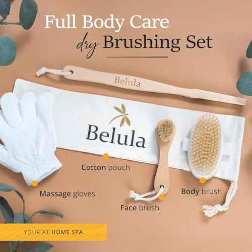 Belula Dry Brushing Body Brush Set - Natural Boar Bristle Body Brush, Exfoliating Face Brush & Bath Gloves - Ideal Dry Skin Brush for Lymphatic Drainage & Healthy Glowing Skin!