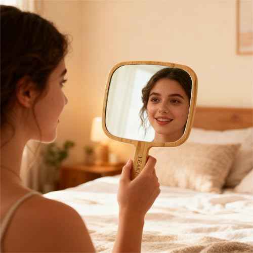 YEAKE Hand Mirror,Natural Bamboo Handheld Mirror with Handle, Single-Sided Portable Travel Vanity Mirror for Men & Women,6.9" W x 9.9" L