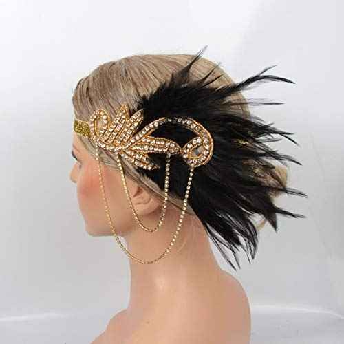 1920s Flapper Headband Roaring Vintage Feather Headpiece Gold Bling Rhinestone 20s Gatsby Hair Accessories for Women