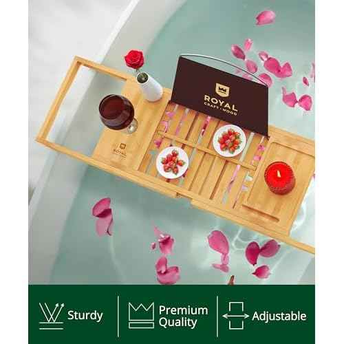 ROYAL CRAFT WOOD Premium Foldable Bathtub Tray Caddy - Wood Bath Tray for Tub, Bamboo Shelf, Expandable Bath Table Trays, Bathtub & Bathroom Accessories for New Home & Mothers, Birthday Gifts for Mom