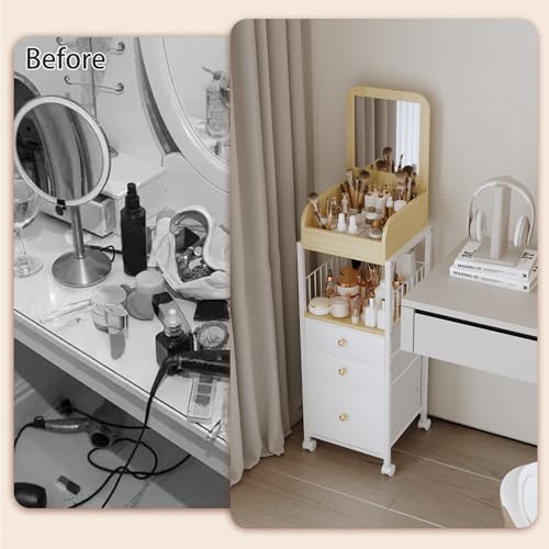 Makeup Organizer Cart with Vanity Mirror, Floor Skincare Organizers Make Up Organizers-Vanity Organizer Cosmetic Display Cases Holder for Skin Care Perfume Nail Polish Brush Hair Tool (White)